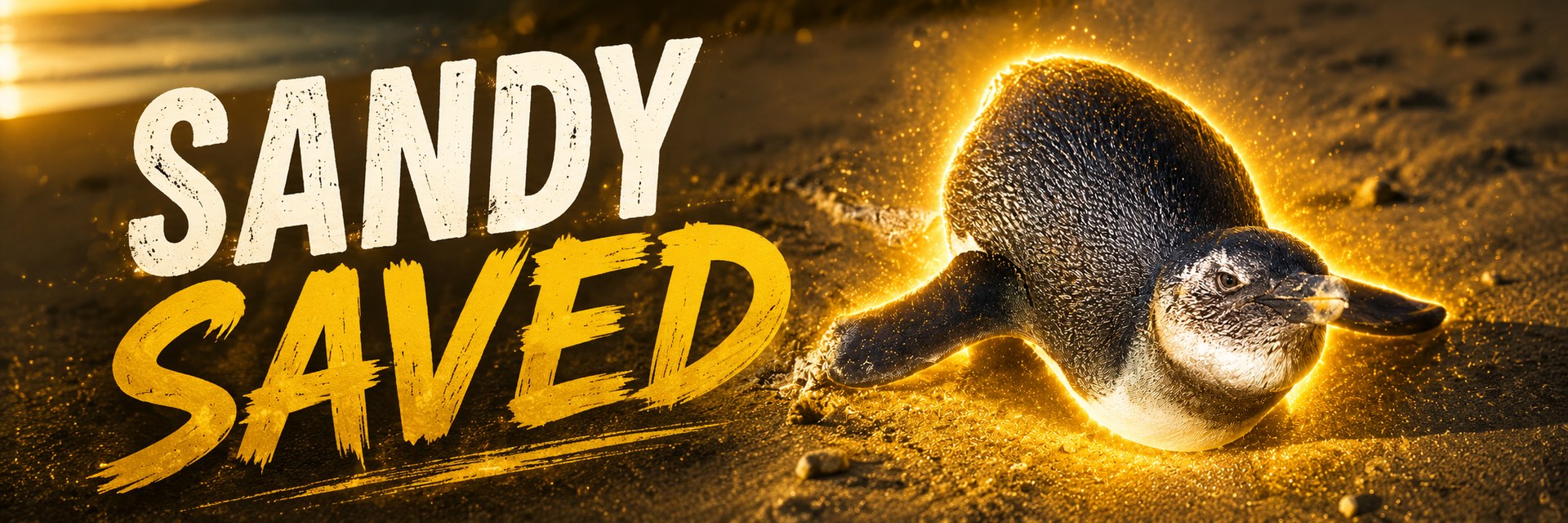 Sandy Saved. A small penguin glowing on a golden beach at sunset.
