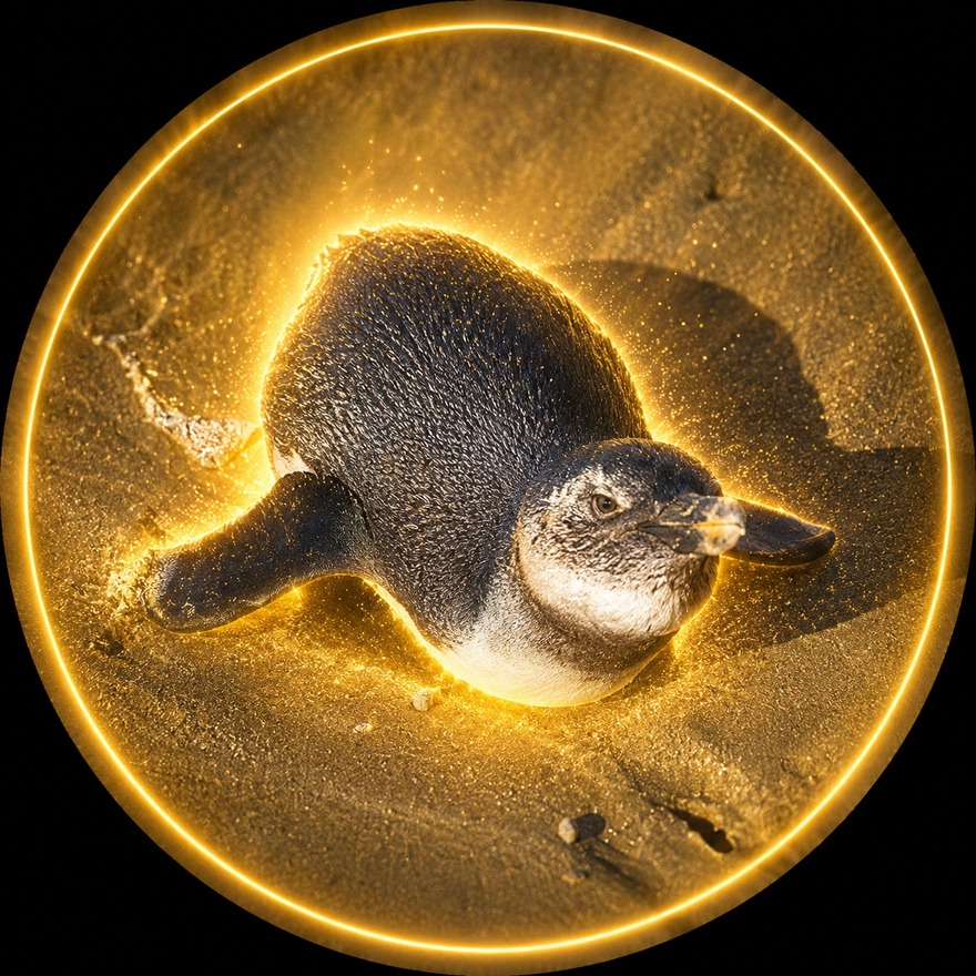 The $SANDY medallion. Sandy glowing inside a golden ring.